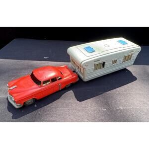 Rare Vintage Japan SSS Tin Friction Red Sedan w/ Camper Travel Trailer